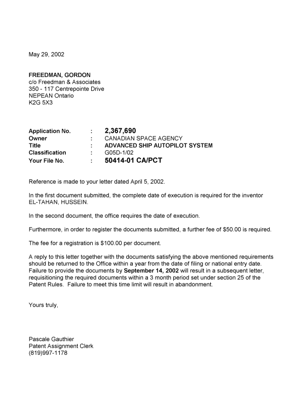 Canadian Patent Document 2367690. Correspondence 20011229. Image 1 of 1