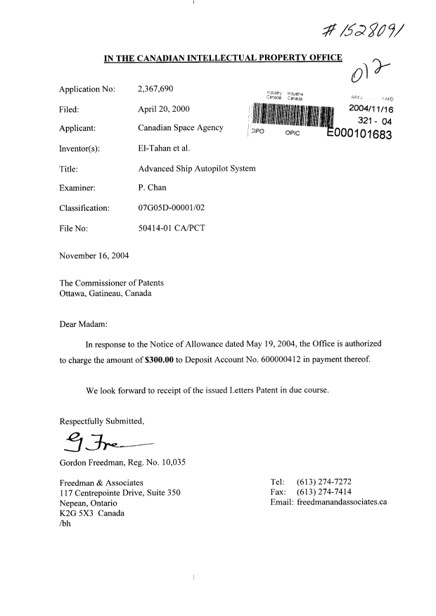 Document de brevet canadien 2367690. Correspondance 20031216. Image 1 de 1