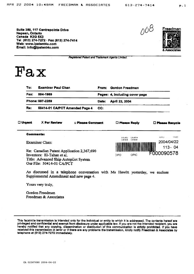 Canadian Patent Document 2367690. Prosecution-Amendment 20031222. Image 1 of 4