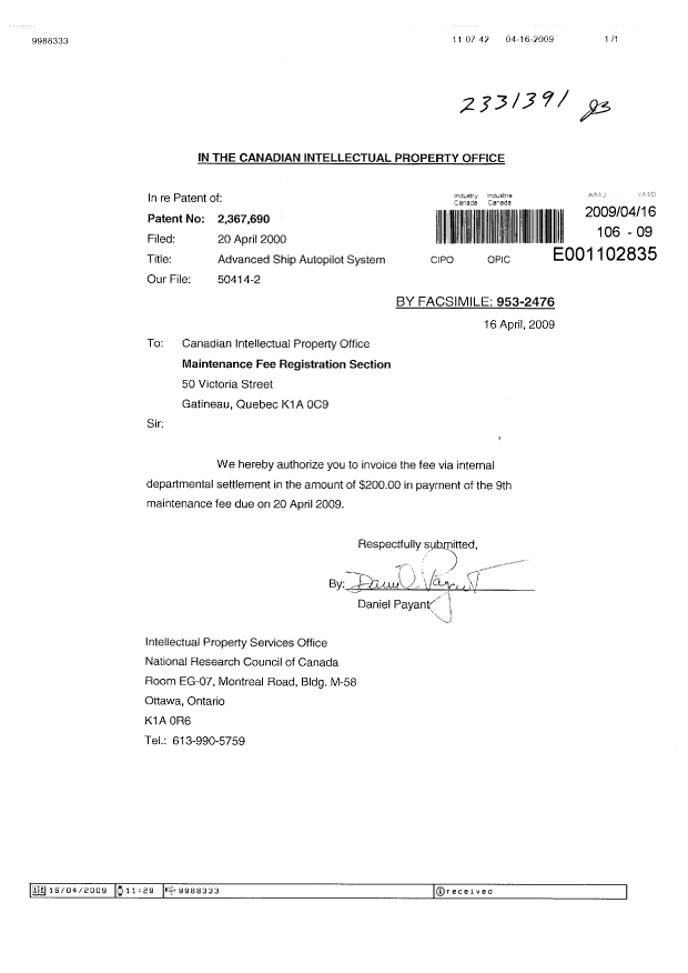 Document de brevet canadien 2367690. Taxes 20090416. Image 1 de 1