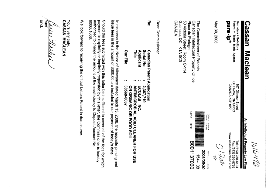 Canadian Patent Document 2367719. Correspondence 20080530. Image 1 of 1