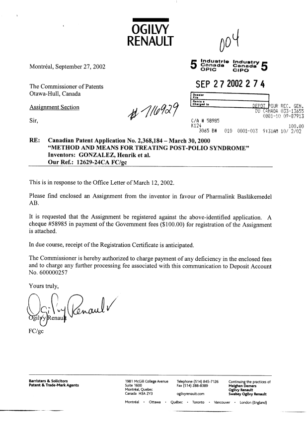 Document de brevet canadien 2368184. Cession 20020927. Image 1 de 2