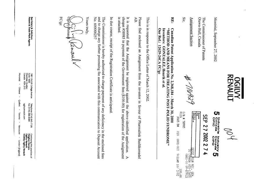 Document de brevet canadien 2368184. Cession 20020927. Image 1 de 2