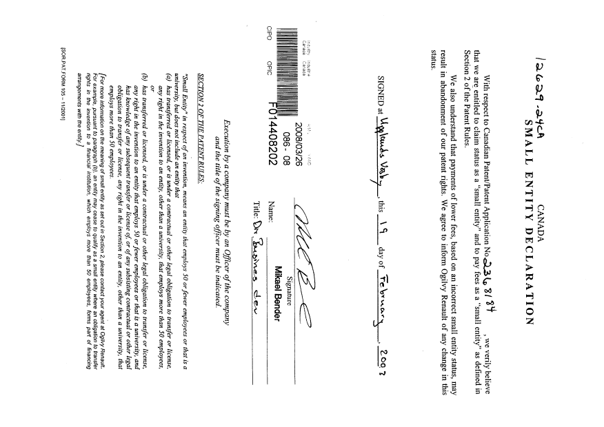 Document de brevet canadien 2368184. Correspondance 20080326. Image 1 de 1