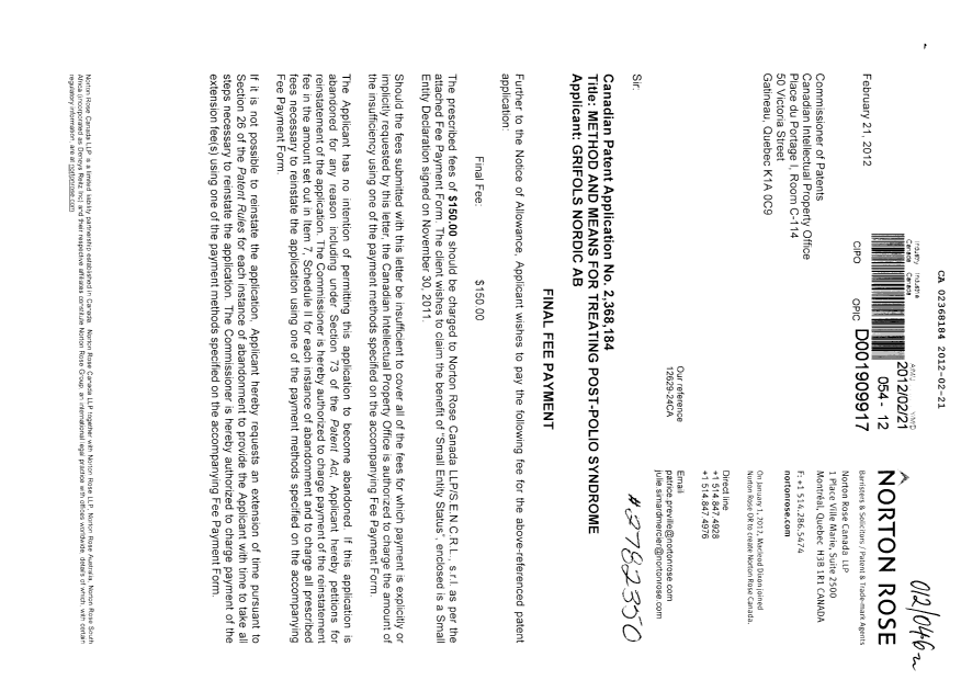 Document de brevet canadien 2368184. Correspondance 20120221. Image 1 de 3
