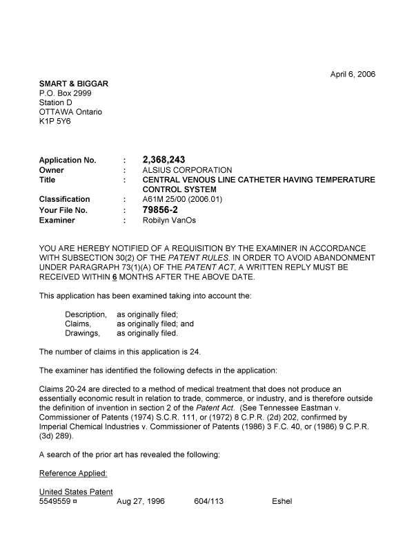 Canadian Patent Document 2368243. Prosecution-Amendment 20060406. Image 1 of 3