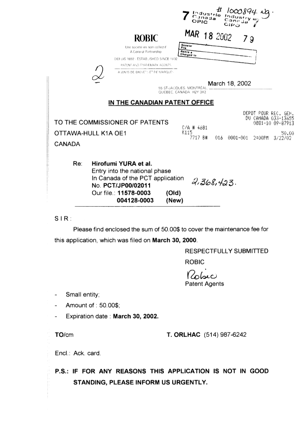 Document de brevet canadien 2368423. Taxes 20020318. Image 1 de 1