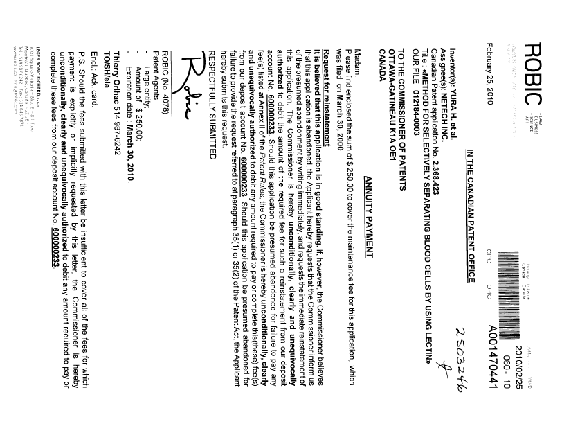 Canadian Patent Document 2368423. Fees 20100225. Image 1 of 1