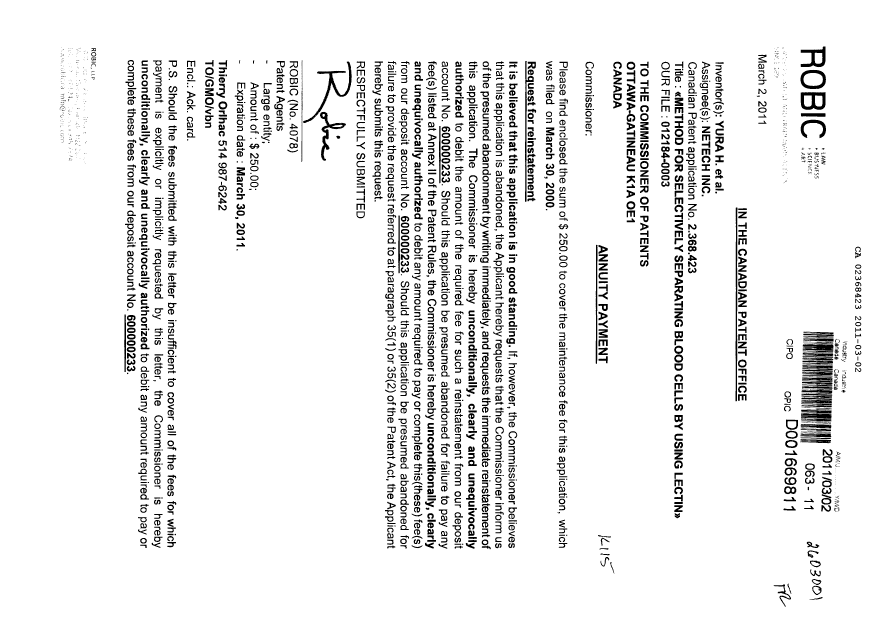 Canadian Patent Document 2368423. Fees 20110302. Image 1 of 1