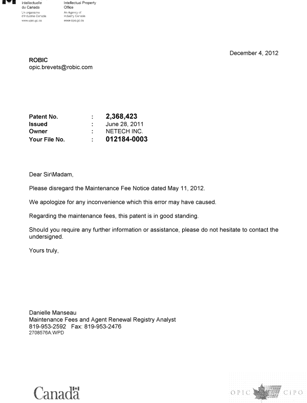Document de brevet canadien 2368423. Correspondance 20121204. Image 1 de 1