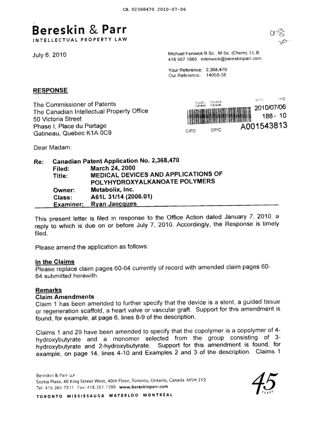 Canadian Patent Document 2368470. Prosecution-Amendment 20100706. Image 1 of 8
