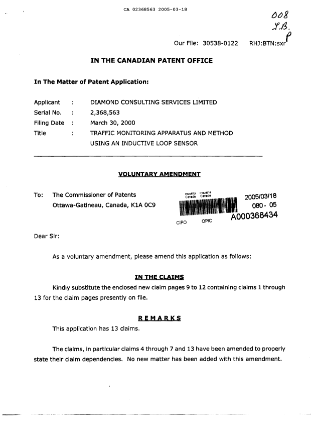 Canadian Patent Document 2368563. Prosecution-Amendment 20050318. Image 1 of 6