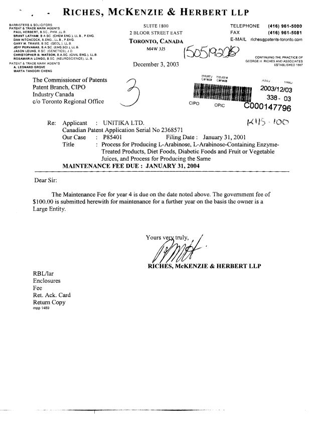 Document de brevet canadien 2368571. Taxes 20031203. Image 1 de 1