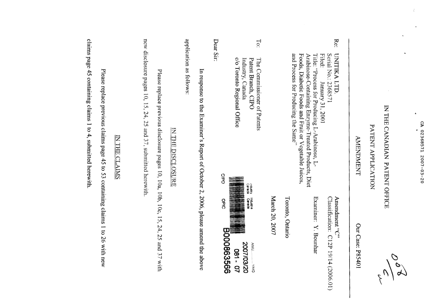 Canadian Patent Document 2368571. Prosecution-Amendment 20070320. Image 1 of 11