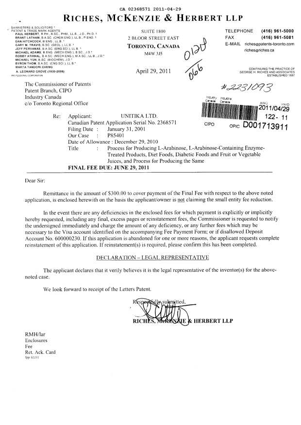 Canadian Patent Document 2368571. Correspondence 20110429. Image 1 of 1