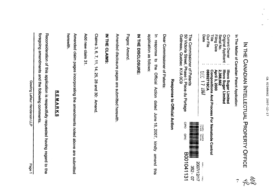 Canadian Patent Document 2368662. Prosecution-Amendment 20071217. Image 1 of 7