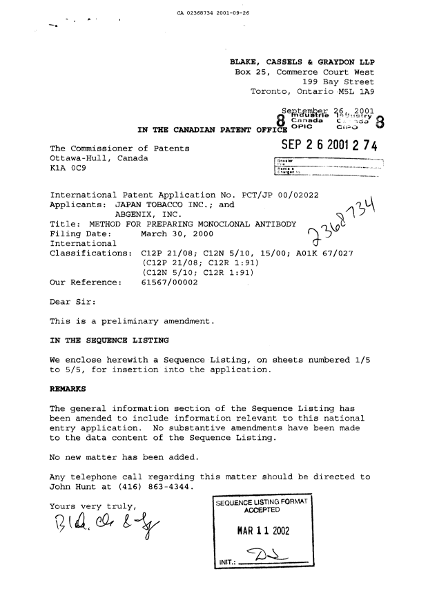 Canadian Patent Document 2368734. Prosecution-Amendment 20010926. Image 1 of 7