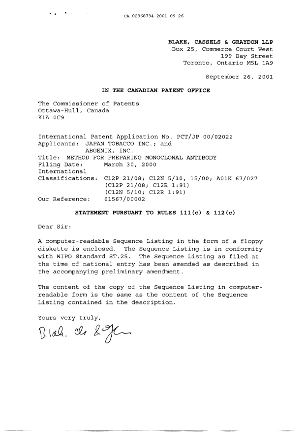 Canadian Patent Document 2368734. Prosecution-Amendment 20010926. Image 7 of 7