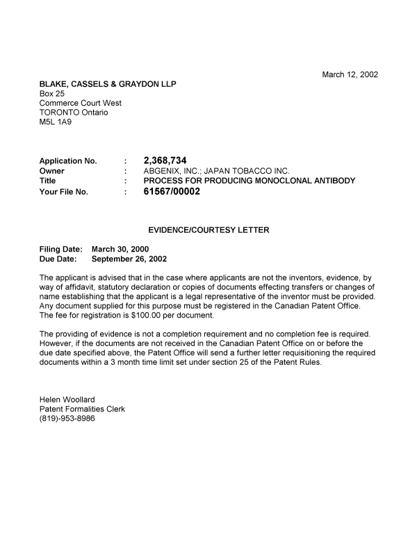 Document de brevet canadien 2368734. Correspondance 20020307. Image 1 de 1