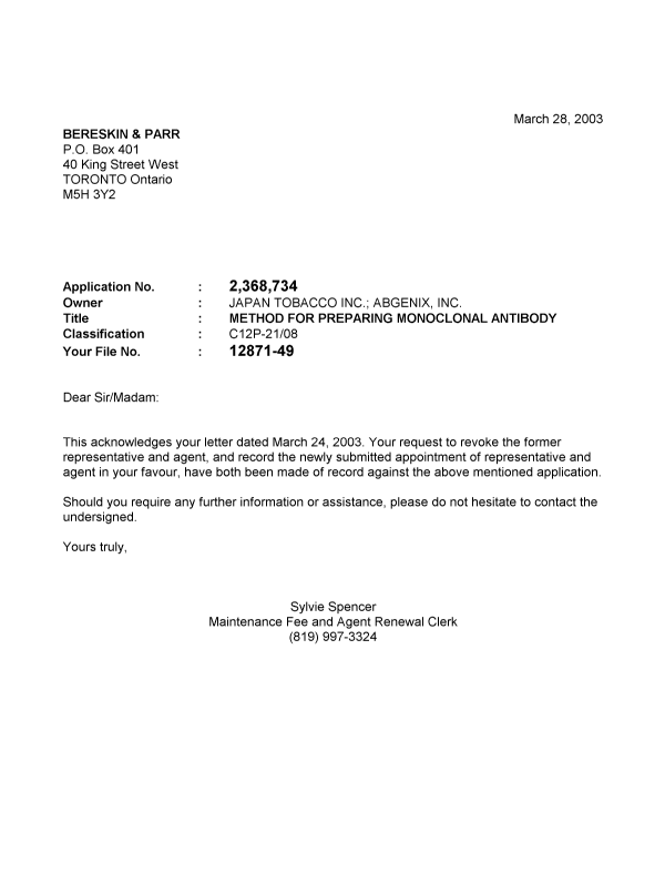 Document de brevet canadien 2368734. Correspondance 20030328. Image 1 de 1