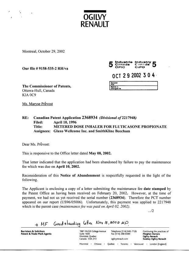 Canadian Patent Document 2368934. Correspondence 20021029. Image 1 of 3