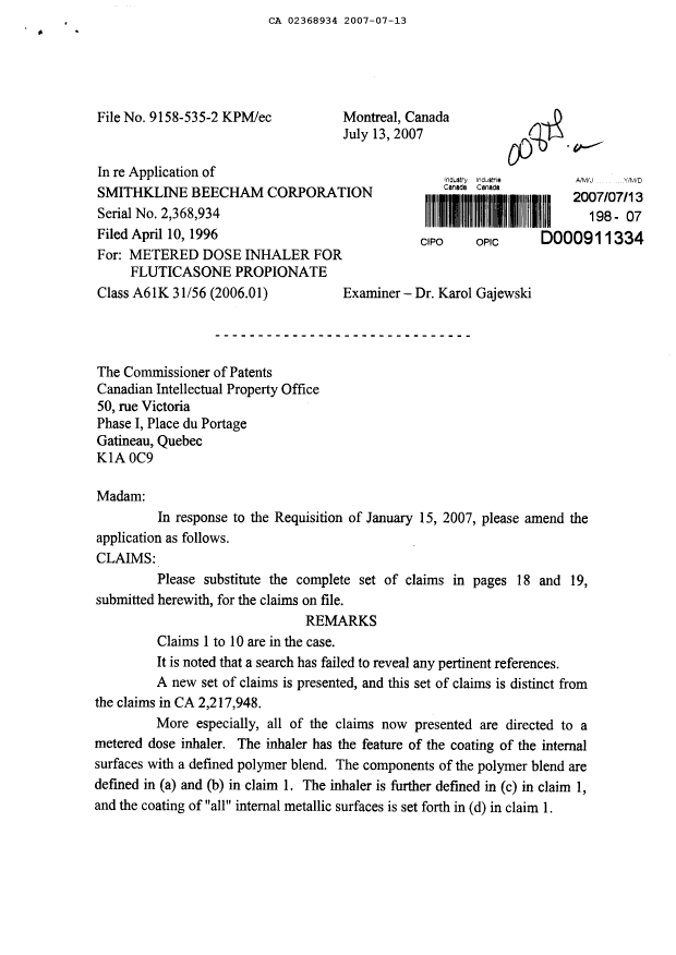 Canadian Patent Document 2368934. Prosecution-Amendment 20070713. Image 1 of 5