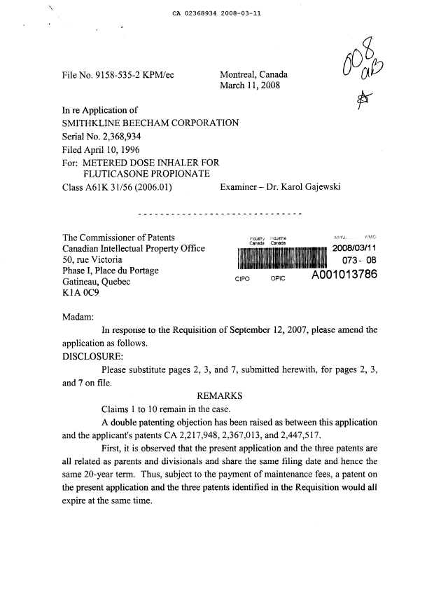 Canadian Patent Document 2368934. Prosecution-Amendment 20080311. Image 1 of 10