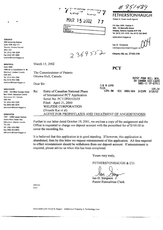 Document de brevet canadien 2369552. Cession 20020315. Image 1 de 2
