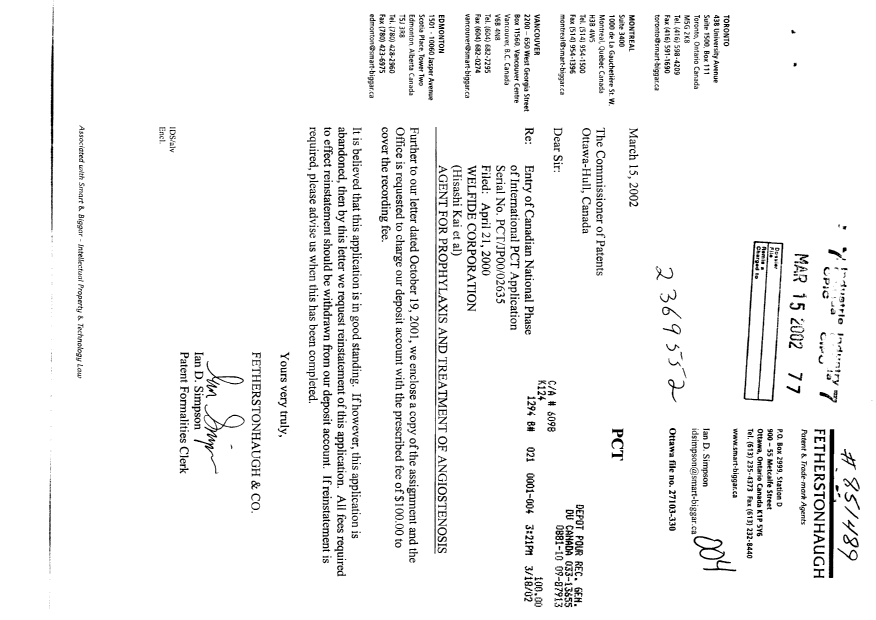 Canadian Patent Document 2369552. Assignment 20020315. Image 1 of 2