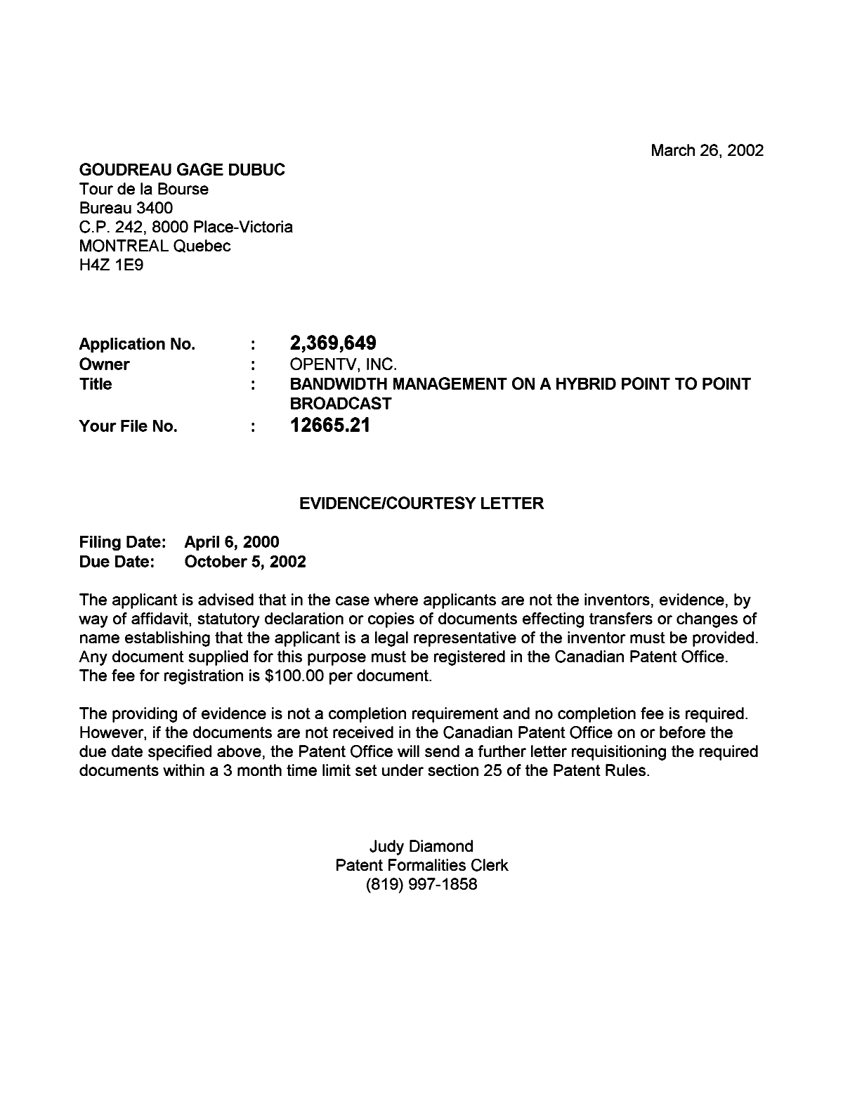 Canadian Patent Document 2369649. Correspondence 20020318. Image 1 of 1