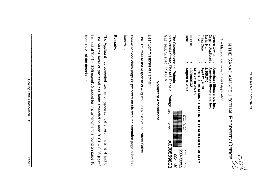 Canadian Patent Document 2369740. Prosecution-Amendment 20070809. Image 1 of 3