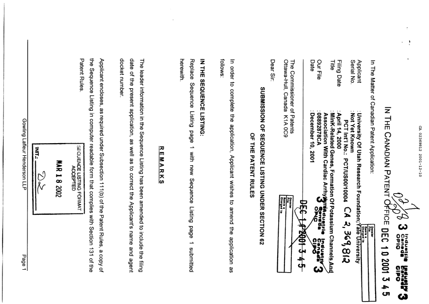 Canadian Patent Document 2369812. Prosecution-Amendment 20001210. Image 1 of 3