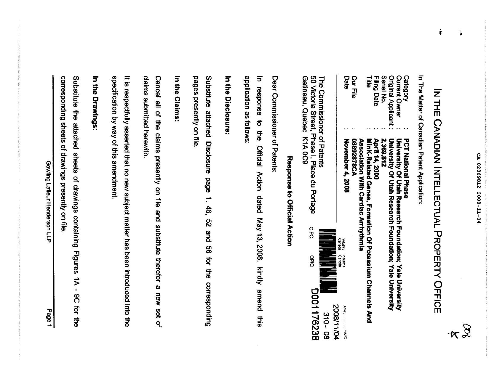 Canadian Patent Document 2369812. Prosecution-Amendment 20071204. Image 1 of 24