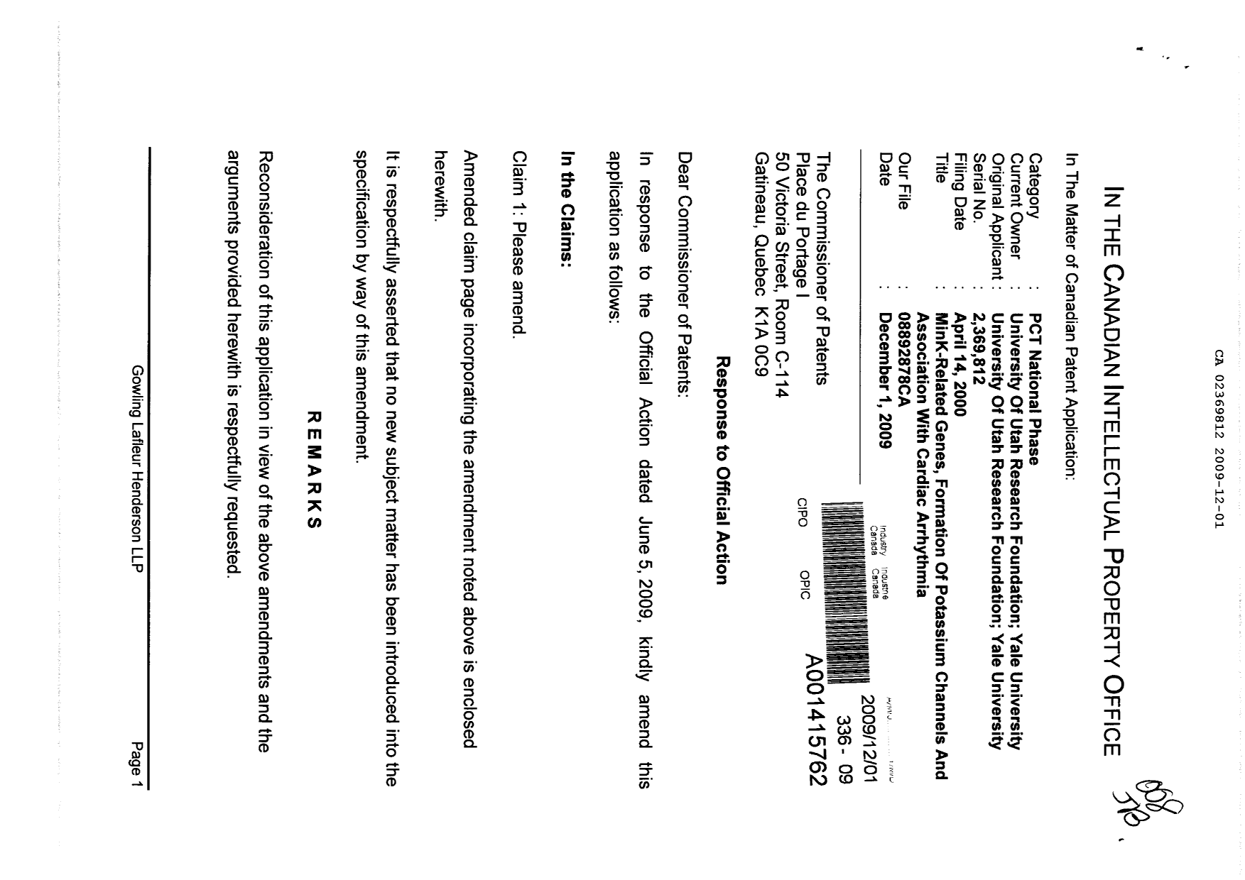 Document de brevet canadien 2369812. Poursuite-Amendment 20081201. Image 1 de 7