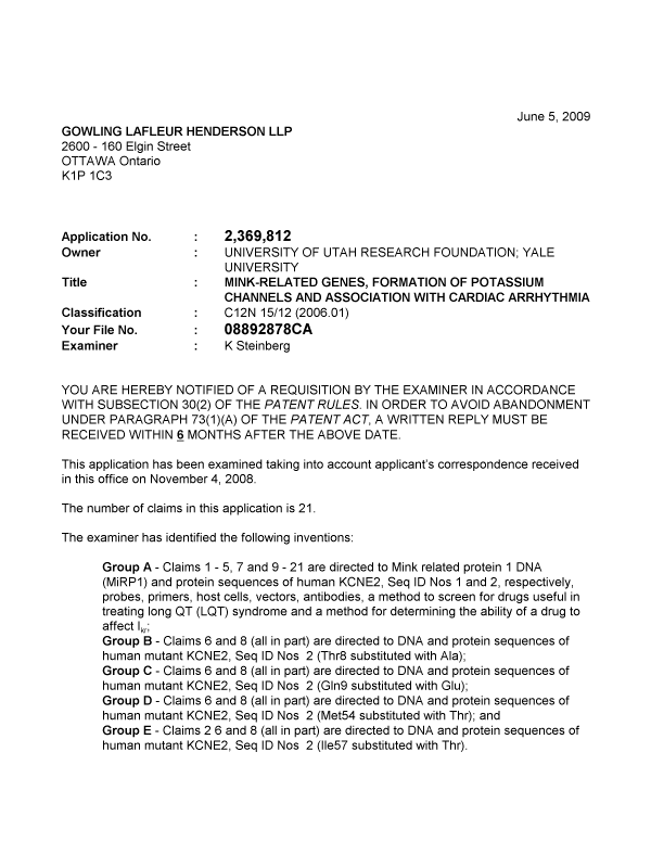 Canadian Patent Document 2369812. Prosecution-Amendment 20090605. Image 1 of 4