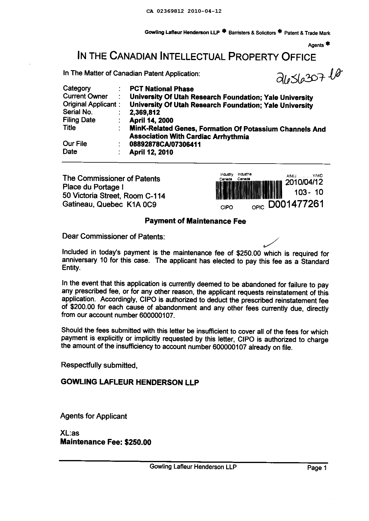 Document de brevet canadien 2369812. Taxes 20091212. Image 1 de 1