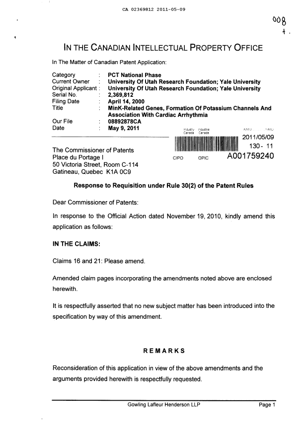 Canadian Patent Document 2369812. Prosecution-Amendment 20101209. Image 1 of 6