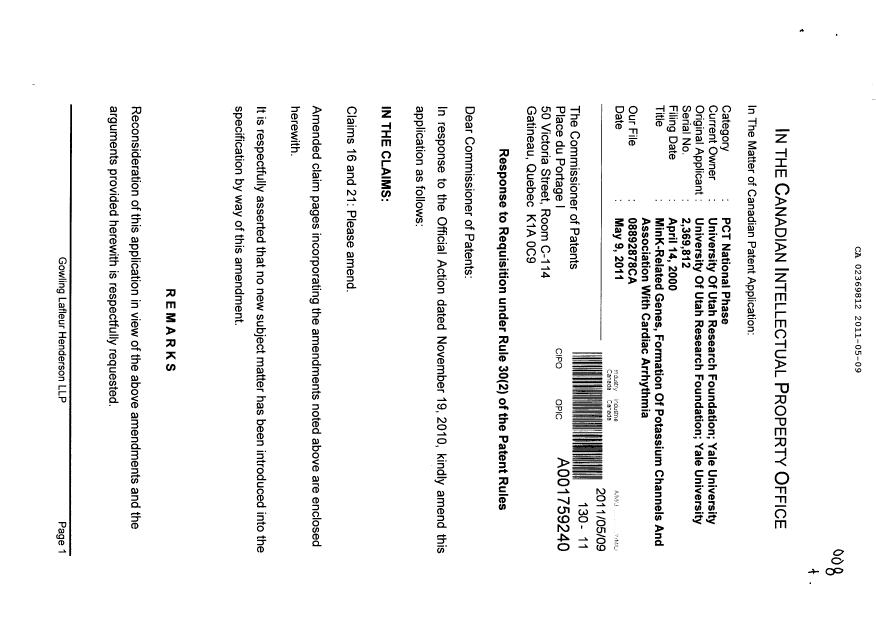 Canadian Patent Document 2369812. Prosecution-Amendment 20101209. Image 1 of 6