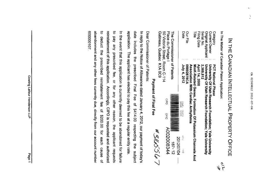 Canadian Patent Document 2369812. Correspondence 20111204. Image 1 of 2