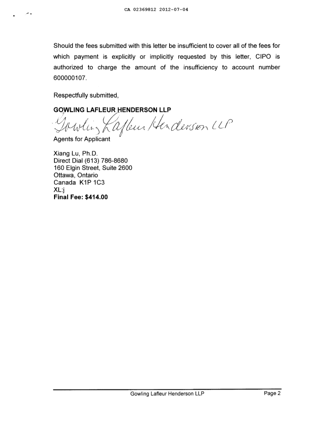 Document de brevet canadien 2369812. Correspondance 20111204. Image 2 de 2