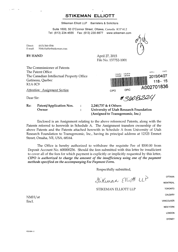 Document de brevet canadien 2369812. Cession 20141227. Image 1 de 16