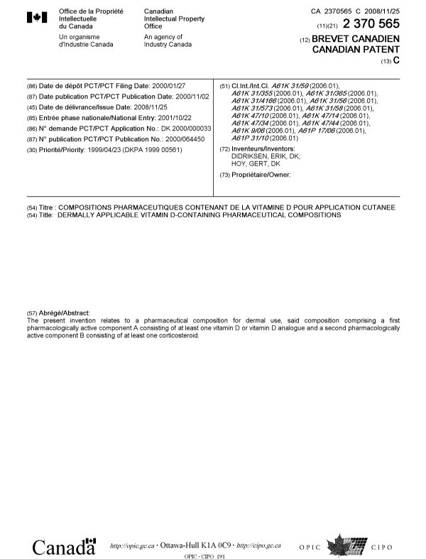 Document de brevet canadien 2370565. Page couverture 20071210. Image 1 de 2