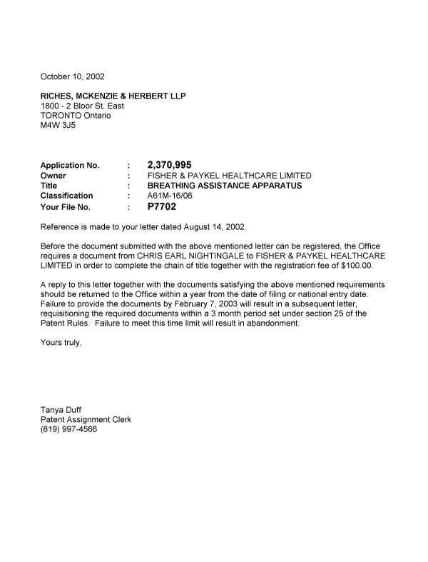Canadian Patent Document 2370995. Correspondence 20011210. Image 1 of 1
