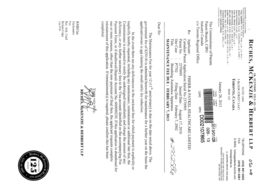 Document de brevet canadien 2370995. Taxes 20121228. Image 1 de 1