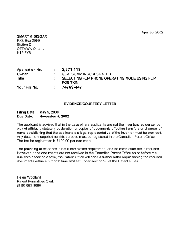 Document de brevet canadien 2371118. Correspondance 20001202. Image 1 de 1