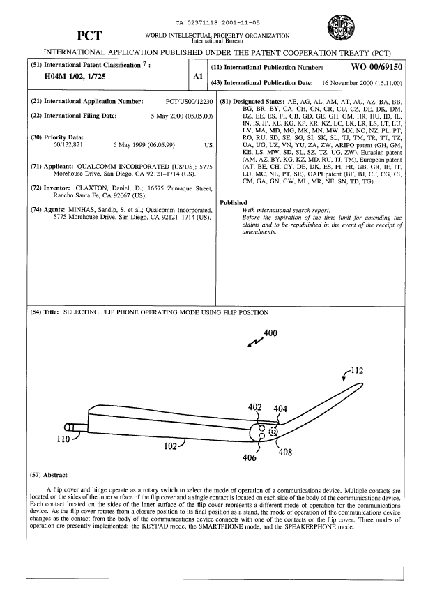 Document de brevet canadien 2371118. Abr%C3%A9g%C3%A9 20001205. Image 1 de 1