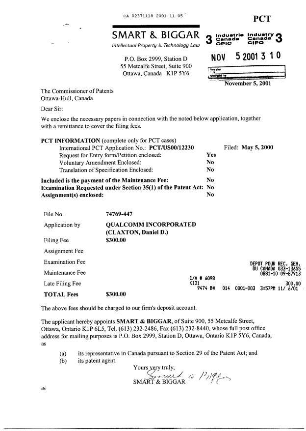 Document de brevet canadien 2371118. Cession 20001205. Image 1 de 2