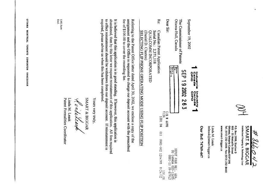 Document de brevet canadien 2371118. Cession 20011219. Image 1 de 4