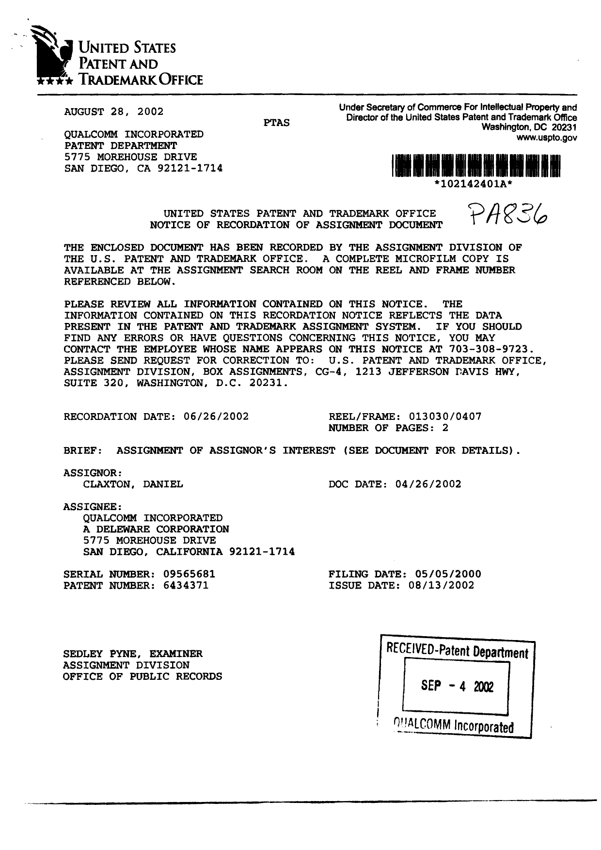 Document de brevet canadien 2371118. Cession 20011219. Image 2 de 4