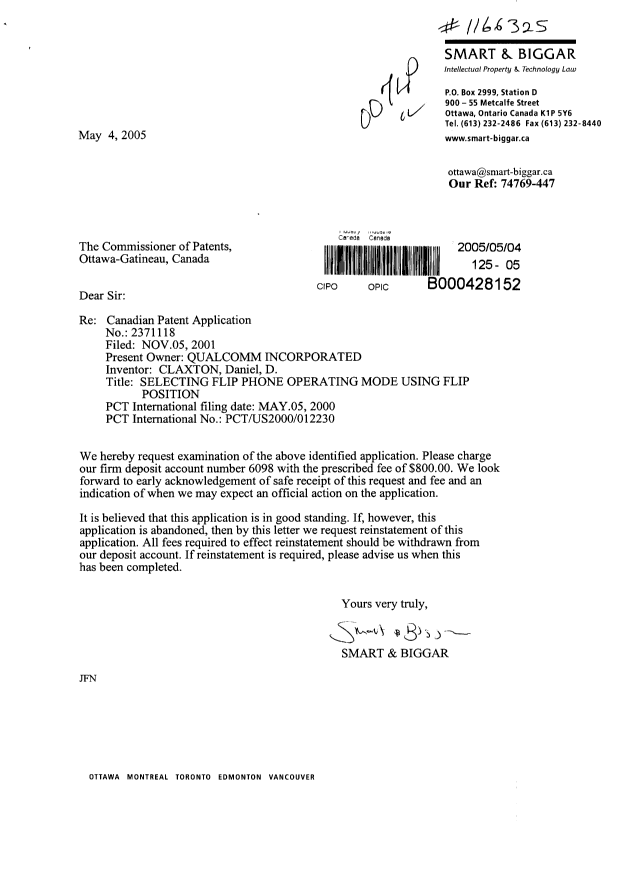 Canadian Patent Document 2371118. Prosecution-Amendment 20041204. Image 1 of 1